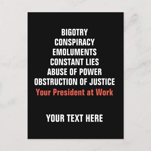Bigotry Collusion Emoluments Obstruction Impeach Postcard (Front)