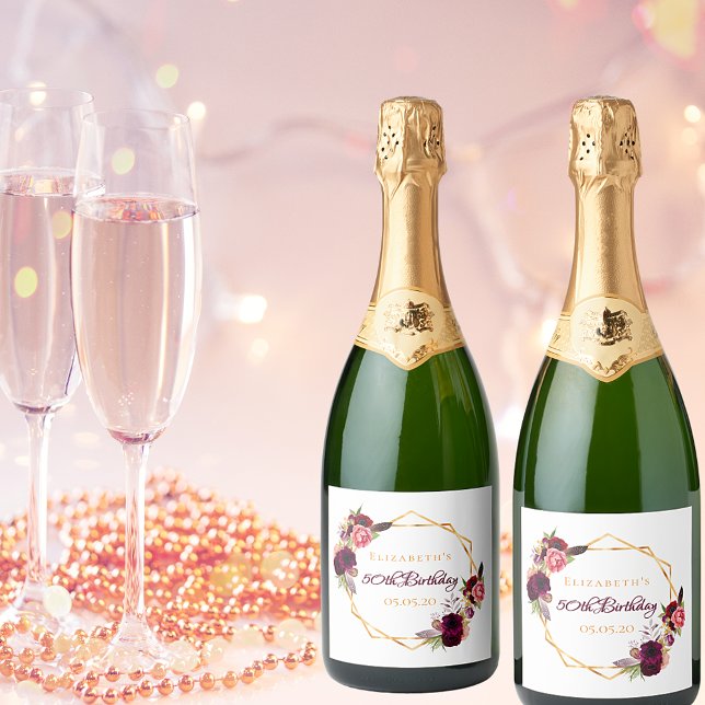 Biirthday white gold geometric floral burgundy sparkling wine label (Creator Uploaded)