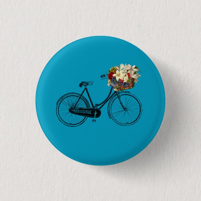 Bike bicycle flower pretty button pin blue (Front)