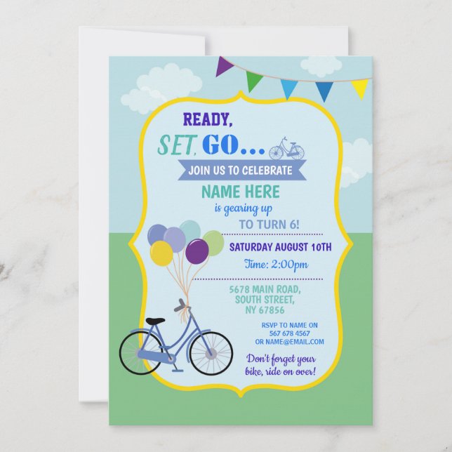 Bike Birthday Bicycle Ride Balloons Party Blue Invitation (Front)
