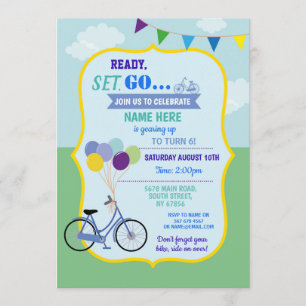 Bike Birthday Bicycle Ride Balloons Party Blue Invitation
