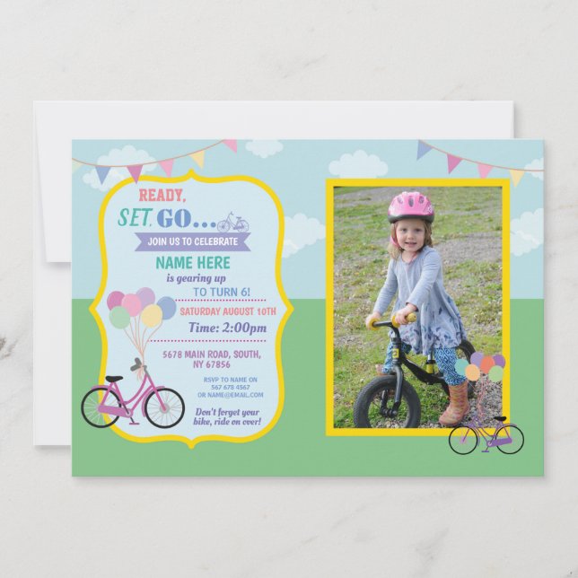 Bike Birthday Bicycle Ride Balloons Party Photo Invitation (Front)