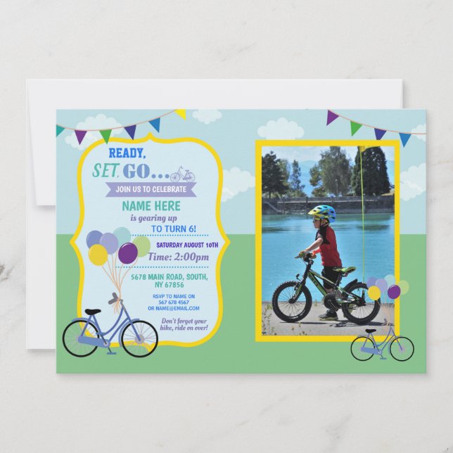 Bike Birthday Bicycle Ride Party Blue Boys Photo Invitation (Front)
