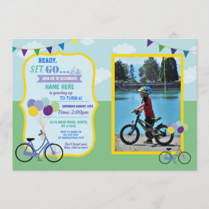 Bike Birthday Bicycle Ride Party Blue Boys Photo Invitation