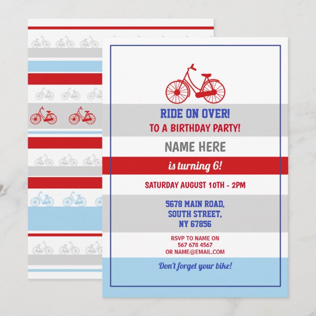 Bike Birthday Bicycle Ride Party Blue Red Boys Invitation (Front/Back)