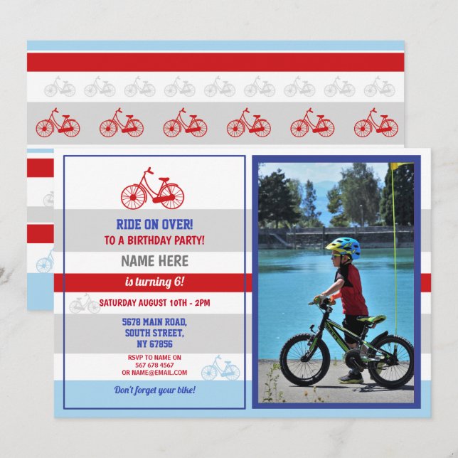 Bike Birthday Bicycle Ride Party Red Boys Photo Invitation (Front/Back)