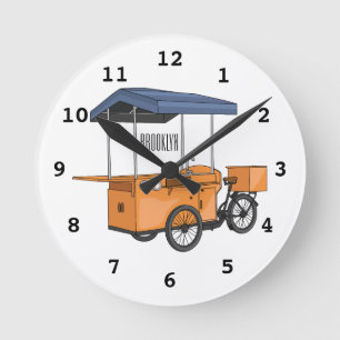 Bike food cart cartoon illustration round clock