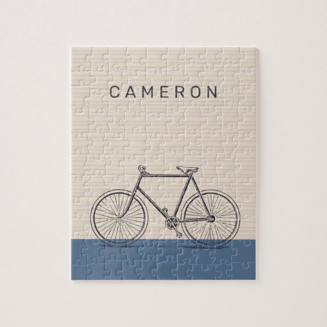 Bike Illustration on Blush and Blue with Name Jigsaw Puzzle (Vertical)