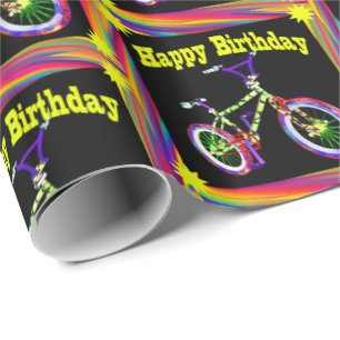 Bike Neon Colors Happy Birthday Wrapping Paper