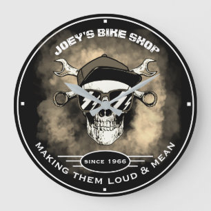 Bike Shop Skull Wrenches Motorcycle Smoky Black Large Clock