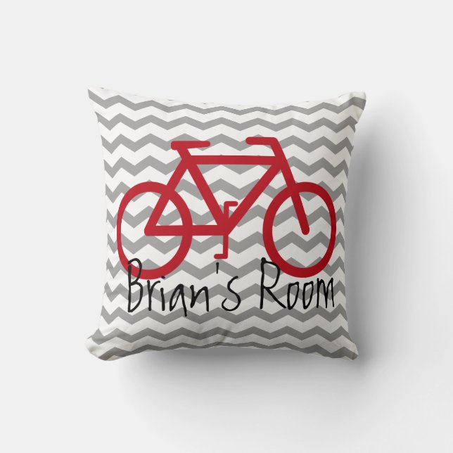 Bike Theme Pillow on Chevron | Red and Grey (Front)