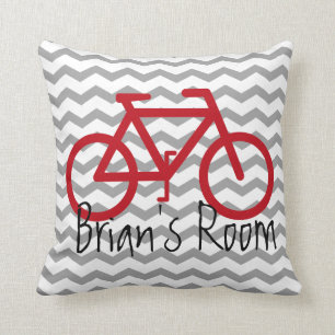 Bike Theme Pillow on Chevron Red and Grey