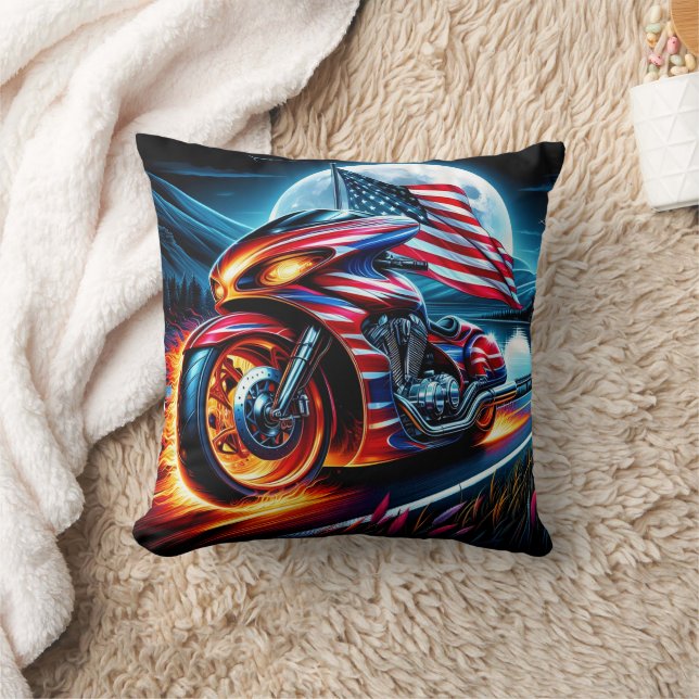 Bike with flag by moonlit lake cushion (Blanket)