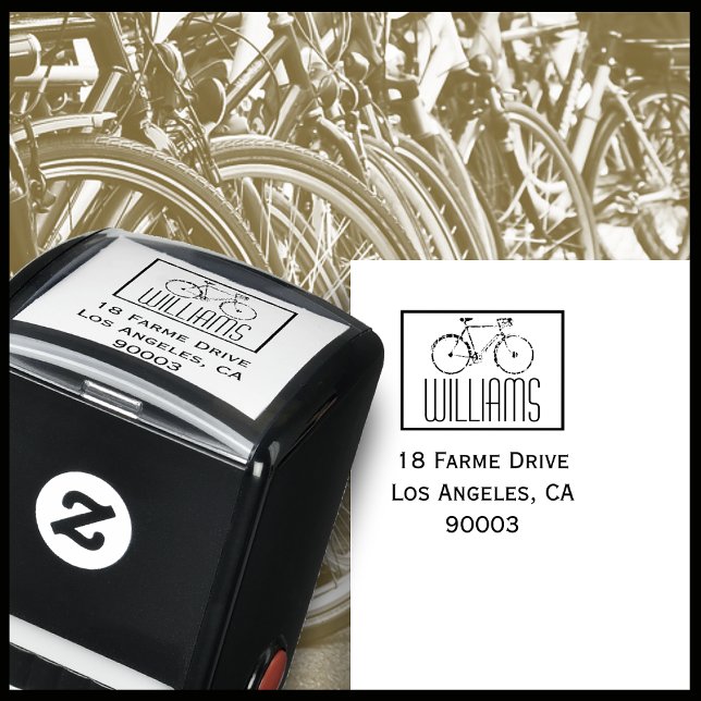 Bike with name & return address, square self-inking stamp (Creator Uploaded)