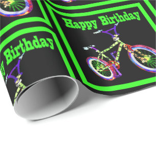 Bike With Neon Green Colours Happy Birthday Wrapping Paper
