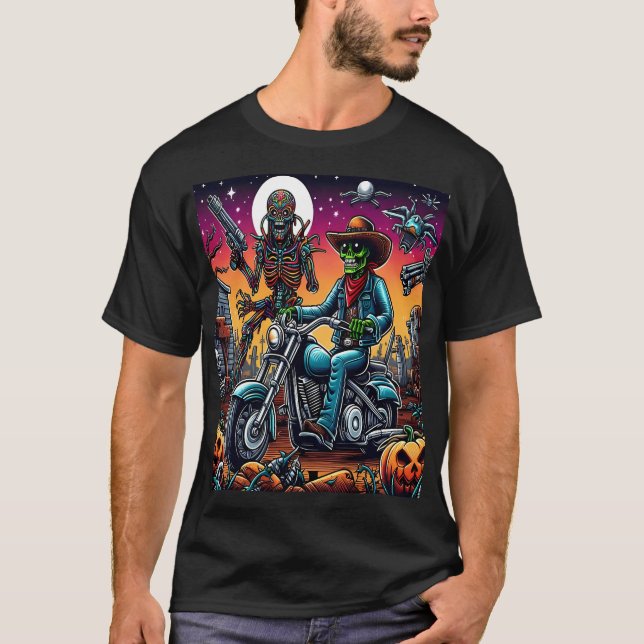 Biker and Alien in Haunted Cemetery T-Shirt (Front)