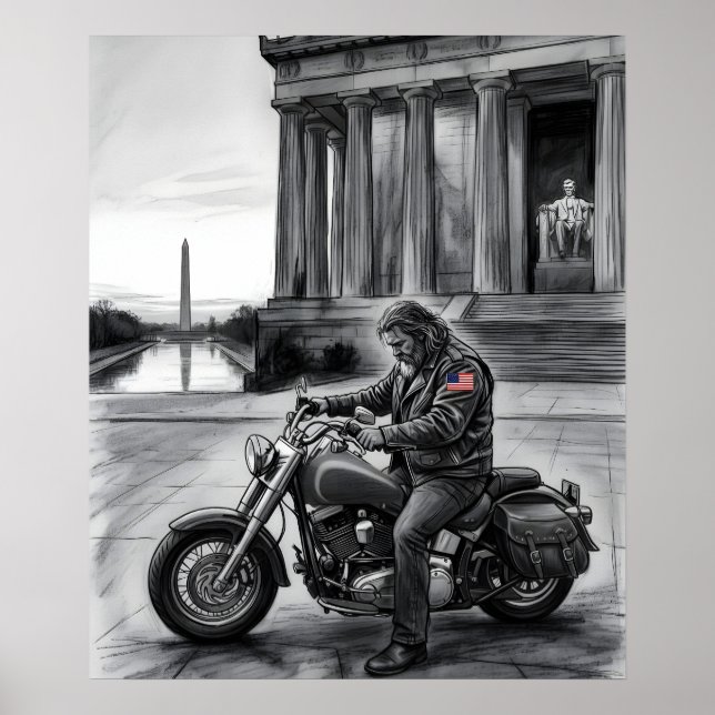 Biker at Lincoln Memorial Washington Monument  Poster (Front)
