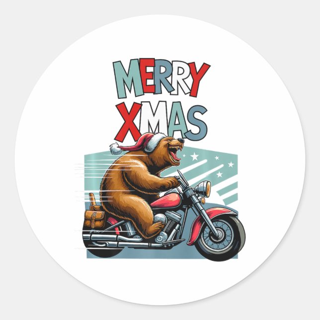 Biker Bear With Christmas Hat Wishes Merry Xmas Fu Classic Round Sticker (Front)