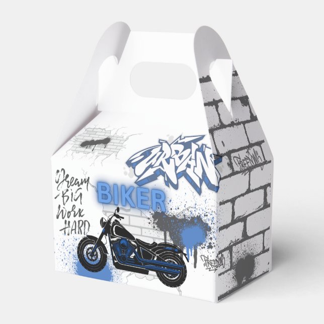 Biker blue motorcycle & graffiti  favour box (Front Side)