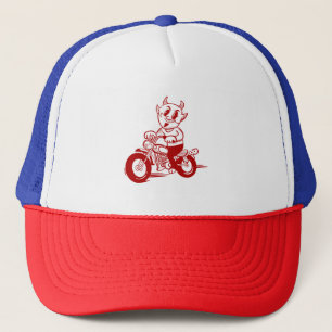 Biker Cartoon Trucker Hat – Red, White & Blue