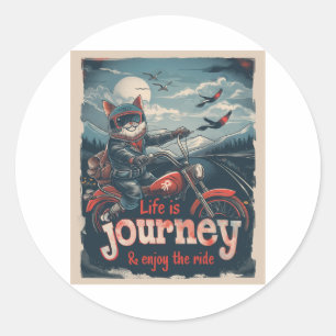 Biker Cat Adventure Classic Round Sticker