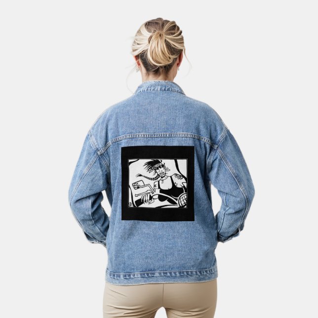Biker Chick black white women denim jacket (Model)
