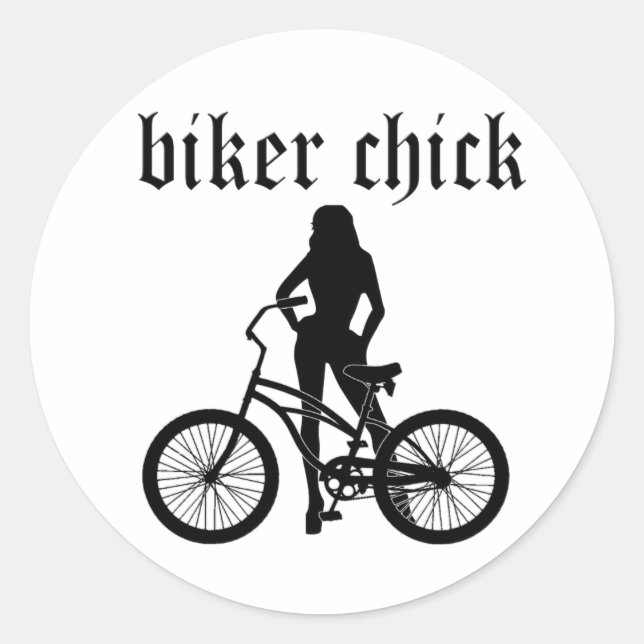 "Biker chick" female silhouette with bicycle! Classic Round Sticker (Front)