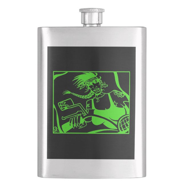 Biker Chick green black stainless steel flask (Front)