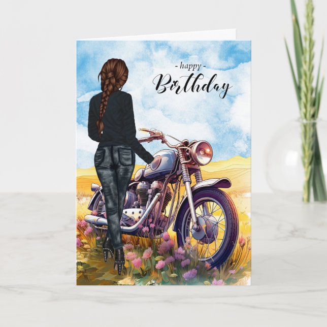 Biker Chick Motorcycle Wildflower Meadow Birthday Card (Front)