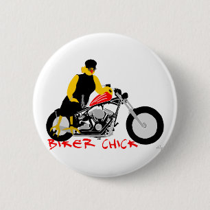 BIKER CHICK Sitting on Her Motorcycle 6 Cm Round Badge