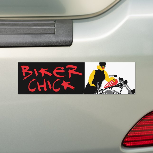 BIKER CHICK Sitting on Her Motorcycle Bumper Sticker (On Car)