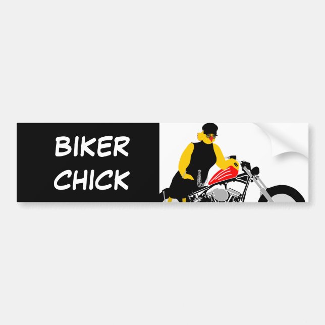 BIKER CHICK Sitting on Her Motorcycle Bumper Sticker (Front)