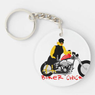 BIKER CHICK Sitting on Her Motorcycle Key Ring