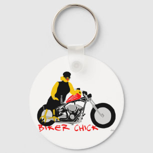 BIKER CHICK Sitting on Her Motorcycle Key Ring
