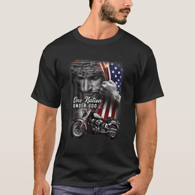 Biker Christian Motorcycles Lover One Nation Under T-Shirt (Front)