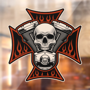 Biker Cross Skull Motor Flames Motorcycle Shop Win Window Cling
