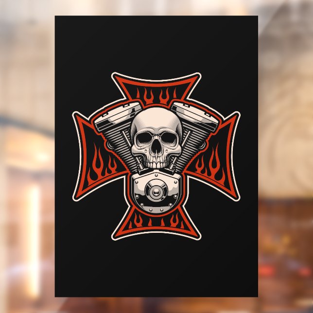 Biker Cross Skull Motor Flames Motorcycle Shop Window Cling (Sheet 2)