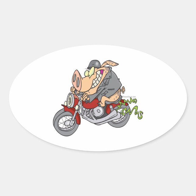 biker hog pig motorcycle bike cartoon oval sticker (Front)