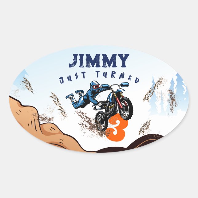 Biker Kid Dirt Stunt Bike Birthday Party Card Oval Sticker (Front)