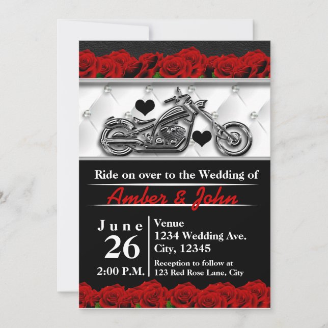 Biker Motorcycle Leather Rose Wedding Invitations (Front)