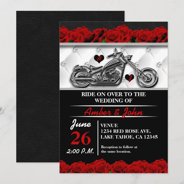 Biker Motorcycle Leather Rose Wedding Invitations (Front/Back)