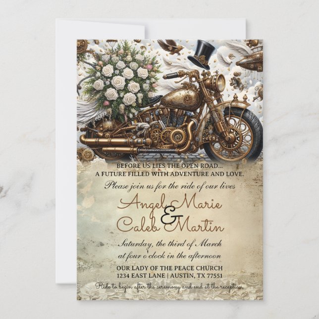 Biker Motorcycle Wedding Gold White Invitation (Front)