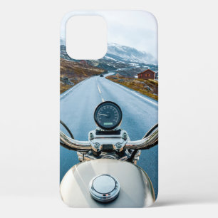 Biker rides a motorcycle on a slippery road throug iPhone 12 case