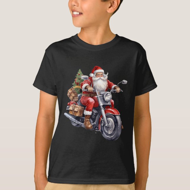 Biker Santa Claus On Motorcycle Fun Christmas Biki T-Shirt (Front)