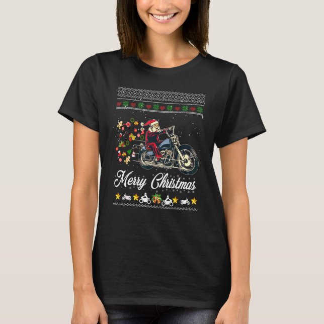 Biker Santa Motorcycle Fan Merry Christmas Xmas Ho T-Shirt (Front)