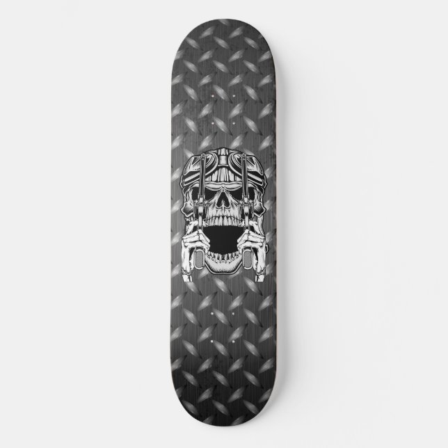 Biker Skull Two Revolvers Diamond Plate Skateboard (Front)