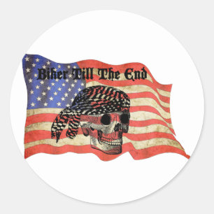 Biker till the end skull USA Flag art Classic Round Sticker
