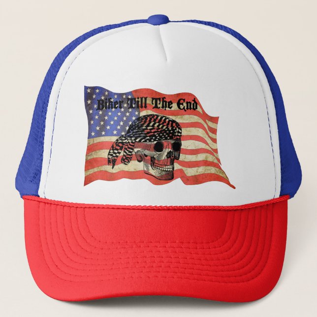 Biker till the end skull USA Flag art Trucker Hat (Front)