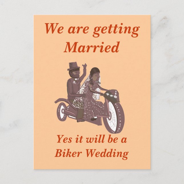 Biker Wedding, Groom riding pillion, Stationary Announcement Postcard (Front)