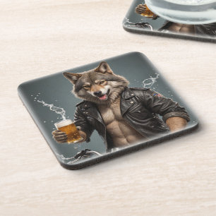 Biker wolf and beer coaster